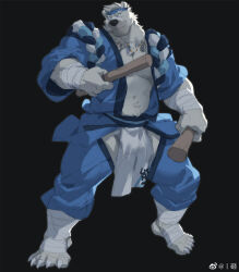 Rule 34 | 1boy, alternate costume, bandaid, bandaid on face, bandaid on nose, bara, bear boy, ben (rollingstonex6), blue headband, bulge, clothing cutout, crotchless, crotchless pants, drumsticks, full body, furry, furry male, headband, highres, holding, holding drumsticks, large pectorals, looking at viewer, male focus, mature male, muscular, muscular male, original, pants, pectoral cleavage, pectorals, pelvic curtain, rollingstonex6, short hair, smile, solo, summer festival, thick eyebrows, thigh cutout, white fur, white hair