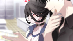 Rule 34 | 1boy, 1girl, black choker, black hair, black shirt, blue archive, blurry, blurry background, cellphone, choker, closed mouth, commentary, english commentary, gym shirt, hair between eyes, halo, hasumi (blue archive), hasumi (track) (blue archive), highres, holding, holding phone, looking at another, mole, mole under eye, official alternate costume, phone, red eyes, sensei (blue archive), shirt, smile, twitter username, upper body, white shirt, yuushiba