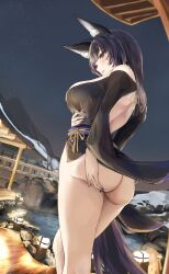 Rule 34 | 1girl, animal ear fluff, animal ears, ass, ass support, azur lane, bare shoulders, black hair, breasts, cleavage, facial mark, fox ears, fox girl, highres, japanese clothes, kimono, large breasts, long hair, musashi (azur lane), onsen, sherlock hime, solo, thighs, very long hair, yellow eyes