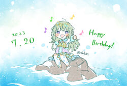 Rule 34 | 1girl, :d, ahoge, artist name, blue skirt, blush stickers, chibi, dated, day, eighth note, full body, green hair, hair ornament, hand on own chest, hand up, happy birthday, highres, knees up, kusanagi nene, long bangs, long hair, long sleeves, looking at viewer, musical note, ocean, open mouth, outdoors, painting (medium), project sekai, purple eyes, rock, sa-fu (sfmk39), shirt, sidelocks, sitting, skirt, smile, solo, star (symbol), star hair ornament, straight hair, traditional media, watercolor (medium), white shirt
