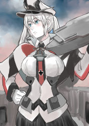 Rule 34 | 1girl, black skirt, blonde hair, blue eyes, breasts, capelet, gloves, graf zeppelin (kancolle), guunone6, hair between eyes, hat, highres, impossible clothes, kantai collection, large breasts, long hair, looking to the side, machinery, necktie, peaked cap, sidelocks, skirt, solo, twintails, white gloves