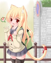 Rule 34 | 1girl, :d, animal ear fluff, animal ears, backpack, bag, blonde hair, blurry, blurry background, blush, brown cardigan, cardigan, cat ears, cat girl, cat tail, commentary request, depth of field, fang, grey sailor collar, grey skirt, hair between eyes, hands up, highres, kanijiru, long hair, long sleeves, looking at viewer, neckerchief, no parking sign, open mouth, original, pleated skirt, railing, red eyes, red neckerchief, red ribbon, ribbon, sailor collar, school uniform, serafuku, skirt, sleeves past wrists, smile, solo, tail, tail ornament, tail ribbon, thighhighs, twitter username, very long hair, waving