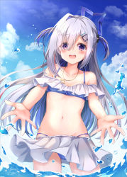 Rule 34 | 1girl, :d, absurdres, amane kanata, bikini, blue bikini, blue sky, breasts, cloud, collarbone, commentary request, day, frilled bikini, frills, gluteal fold, hair ornament, hair over eyes, hair ribbon, hairclip, highres, hololive, jewelry, long bangs, long hair, looking at viewer, navel, necklace, ocean, off-shoulder bikini, off shoulder, open mouth, outdoors, outstretched arms, purple eyes, ribbon, silver hair, skirt, sky, small breasts, smile, solo, splashing, star (symbol), star necklace, swimsuit, upper body, virtual youtuber, water, water drop, white skirt, yukikawa sara