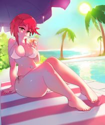 Rule 34 | 1girl, bare arms, bare legs, bare shoulders, beach, beach towel, bikini, bikini top only, breasts, cocktail, cocktail glass, coconut tree, cup, day, drink, drinking, drinking glass, drinking straw, eba rin, food, fruit, green eyes, highres, horizon, kimi no iru machi, large breasts, lemon, lemon slice, looking at viewer, medium hair, navel, ocean, outdoors, palm tree, poolside, red hair, rtil, sand, sitting, solo, sunlight, swimsuit, thick thighs, thighs, towel, tree, umbrella, water, white bikini