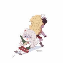 Rule 34 | 2girls, artist name, blonde hair, boots, bottle, chibi, commentary request, dragging, drooling, flying sweatdrops, grey hair, hat, holding, holding bottle, kantai collection, long hair, long sleeves, mini hat, multiple girls, open mouth, pola (kancolle), pulling, shaded face, shirt, simple background, skirt, sweat, totto (naka), wavy hair, white background, white shirt, wine bottle, zara (kancolle)