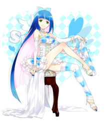 Rule 34 | 10s, 1girl, alternate costume, bad id, bad pixiv id, bare shoulders, barefoot, blue hair, blue nails, bridal gauntlets, chair, colored inner hair, feet, full body, green eyes, high heels, izumi (nagashi), jewelry, leg warmers, legs, long hair, lots of jewelry, multicolored hair, nail polish, open shoes, panty &amp; stocking with garterbelt, sandals, shoes, sitting, smile, solo, stocking (psg), striped clothes, striped thighhighs, thighhighs, toenail polish, toenails, toes, undressing, very long hair