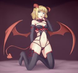 Rule 34 | 1girl, alternate costume, bare shoulders, black thighhighs, blonde hair, boots, bridal gauntlets, choker, demon girl, demon horns, demon tail, demon wings, elbow gloves, female focus, gloves, green eyes, harness, horns, isaki (gomi), kneeling, licking, licking finger, looking at viewer, midriff, mizuhashi parsee, navel, pointy ears, revealing clothes, short hair, solo, tail, thigh boots, thighhighs, tongue, tongue out, touhou, wings
