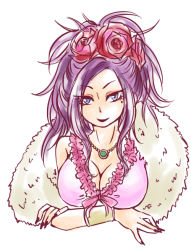 Rule 34 | 1girl, bad id, bad pixiv id, black hair, blue eyes, bracelet, breasts, cleavage, deborah (dq5), dragon quest, dragon quest v, feather boa, female focus, flower, hair flower, hair ornament, jewelry, large breasts, long hair, maroxxtanaka, mole, mole under eye, necklace, rose, simple background, smile, solo, white background