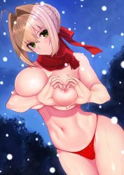 Rule 34 | 10s, 1girl, ahoge, bad id, bad pixiv id, blonde hair, blush, braid, breasts, cocq taichou, fate/extra, fate (series), french braid, green eyes, hair between eyes, hair bun, hair intakes, hair ribbon, heart, heart-shaped boob challenge, heart hands, hip focus, large breasts, long hair, looking at viewer, navel, nero claudius (fate), nero claudius (fate) (all), nero claudius (fate/extra), nipples, open mouth, outdoors, panties, red panties, red ribbon, red scarf, ribbon, scarf, single hair bun, snowing, solo, thighs, underwear