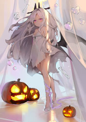Rule 34 | 1girl, bare shoulders, blue archive, bone, breasts, cleavage, closed mouth, dema hmw, dress, halloween, highres, hina (blue archive), horns, jack-o&#039;-lantern, legs, long hair, looking at viewer, pink eyes, pumpkin, purple ribbon, ribbon, shoes, skull, sleeveless, sleeveless dress, small breasts, smile, solo, standing, white dress, white footwear, white hair