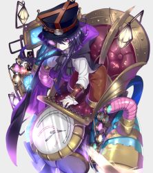 Rule 34 | 1boy, bad id, bad pixiv id, bracer, brown pants, chair, cloak, closed mouth, engine, gloves, goggles, goggles on headwear, grey background, hat, looking at viewer, male focus, monocle, nyori, original, pants, purple eyes, purple hair, short hair with long locks, simple background, smile, solo, steampunk, top hat, valve, white gloves