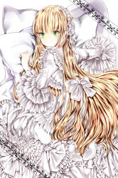Rule 34 | 1girl, bed, blonde hair, blunt bangs, cloud lambeth, dress, frilled sleeves, frills, gosick, green eyes, hairband, lolita fashion, lolita hairband, long hair, on bed, pillow, solo, too many, very long hair, victorica de blois, white theme