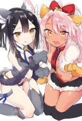 Rule 34 | 2girls, animal ears, animal hands, bell, black hair, black legwear, black skirt, blue ribbon, blush, bow, breasts, cat ears, cat tail, chloe von einzbern, closed mouth, crop top, dangeroes beast (chloe), dangeroes beast (miyu), dark-skinned female, dark skin, fang, fate/kaleid liner prisma illya, fate (series), feather hair ornament, feathers, fur trim, garter straps, gloves, grey gloves, grey legwear, hair between eyes, hair bow, hair ornament, hairclip, highres, jingle bell, kneeling, long hair, looking at viewer, mibi, miyu edelfelt, multiple girls, open mouth, orange eyes, paw gloves, pink hair, ponytail, red bow, ribbon, simple background, skirt, small breasts, stomach tattoo, swept bangs, tail, tan, tattoo, thighhighs, thighs, twintails, white background, yellow eyes