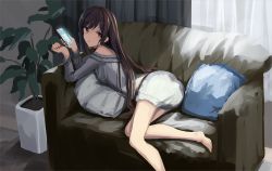 Rule 34 | 1girl, ass, bare shoulders, barefoot, belt, brown belt, brown eyes, brown hair, cellphone, closed mouth, commentary request, couch, curtains, day, doran (dorannomai), fingernails, grey shirt, hands up, highres, holding, holding phone, idolmaster, idolmaster shiny colors, indoors, long hair, looking at viewer, looking back, nail polish, off-shoulder shirt, off shoulder, on couch, osaki amana, phone, pillow, plant, potted plant, red nails, shirt, sketch, skirt, solo, sunlight, transparent, very long hair, white skirt