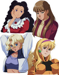 4girls :q after_war_gundam_x arms_behind_head black_hair blonde_hair blue_eyes bodysuit breasts brown_eyes brown_hair brown_sweater closed_mouth commentary crop_top cropped_jacket cropped_torso curly_hair dark-skinned_female dark_skin dress earrings enelous english_commentary green_eyes gundam gundam_wing hair_between_eyes hair_over_shoulder hairband hand_on_own_cheek hand_on_own_face highres jacket jewelry katejina_loos lily_borjarnon long_hair looking_at_viewer looking_to_the_side mecha_pilot_suit medium_breasts multiple_girls normal_suit open_mouth orange_bodysuit parted_lips pink_hairband purple_eyes red_dress red_jacket red_lips relena_peacecraft simple_background smile sphere_earrings sweater tongue tongue_out toniya_malme turn_a_gundam victory_gundam white_background white_jacket