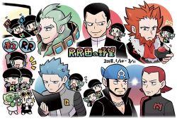 Rule 34 | 6+boys, 6+girls, :d, ^ ^, ahoge, archie (pokemon), arm up, bandana, beard, black eyes, black gloves, black hair, black jacket, black shirt, blue bandana, blue hair, blush, buttons, chacha (ss 5087), chain necklace, closed eyes, closed mouth, commentary request, creatures (company), cyrus (pokemon), dated, eyepiece, facial hair, fingerless gloves, frown, fur-trimmed jacket, fur trim, game freak, ghetsis (pokemon), giovanni (pokemon), gloves, green hair, heart, holding, jacket, jewelry, logo, long hair, lysandre (pokemon), maxie (pokemon), multiple boys, multiple girls, mustache, necklace, nintendo, notice lines, npc trainer, open mouth, orange hair, pokemon, pokemon bw, pokemon dppt, pokemon frlg, pokemon rse, pokemon usum, pokemon xy, popped collar, red-tinted eyewear, red eyes, red hair, shirt, short hair, smile, spiked hair, team aqua, team flare, team magma, team plasma, team rainbow rocket, team rainbow rocket grunt, team rainbow rocket uniform, tinted eyewear, |d