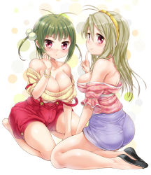 Rule 34 | 2girls, ass, bare shoulders, barefoot, blush, bracelet, breasts, brown hair, cleavage, collarbone, finger to mouth, hairband, jewelry, large breasts, legs, long hair, looking back, miyano ururu, multiple girls, off shoulder, original, red eyes, shirt, shoes, short hair, shorts, sideboob, sitting, skirt, smile, suspenders, sweater, twintails, two side up