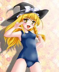 Rule 34 | 1girl, blonde hair, braid, female focus, hat, kirisame marisa, long hair, neopure, one-piece swimsuit, school swimsuit, solo, swimsuit, touhou, witch, witch hat, yellow eyes