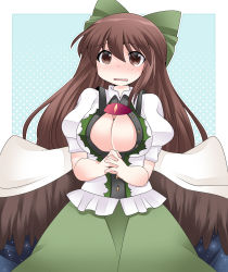Rule 34 | 1girl, blush, bow, breasts, brown eyes, brown hair, cape, cleavage, commentary request, hair bow, hammer (sunset beach), large breasts, long hair, looking at viewer, reiuji utsuho, short sleeves, solo, touhou, undersized clothes, wings