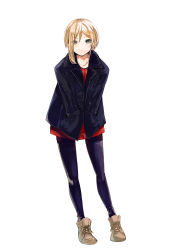 Rule 34 | 1girl, absurdres, asymmetrical hair, blonde hair, blue eyes, closed mouth, coat, copyright request, full body, grey footwear, hands in pockets, highres, leaning forward, long sleeves, looking at viewer, pantyhose, purple coat, purple pantyhose, red shirt, sakurai energy, shirt, shoes, simple background, solo, white background