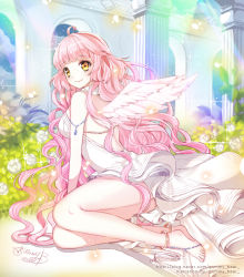 Rule 34 | 1girl, ahoge, anklet, arm support, bad id, bad pixiv id, bare back, bare shoulders, barefoot, barefoot sandals (jewelry), blush, breasts, dress, feathered wings, feet, jellybear, jewelry, long hair, orange eyes, original, pink hair, sideboob, signature, sitting, smile, solo, very long hair, watermark, wavy hair, wavy mouth, web address, wings