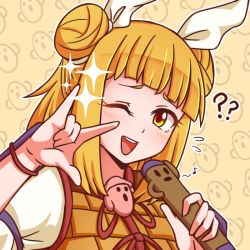 Rule 34 | 1girl, ;d, ?, ??, \m/, \||/, armor, blonde hair, blunt bangs, blush, double bun, eighth note, flying sweatdrops, hair bun, hair ribbon, haniwa (statue), holding, holding microphone, joutouguu mayumi, looking at viewer, microphone, music, musical note, one eye closed, open mouth, red ribbon, ribbon, short hair, singing, smile, solo, sparkle, touhou, upper body, white ribbon, wool (miwol), wristband, yellow eyes
