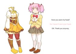 Rule 34 | 2girls, boots, bow, breasts, brown legwear, comic, corset, detached sleeves, english text, fingerless gloves, flat chest, gloves, goldfishu, hair ribbon, hands on own chest, headless, i want my hat back, kaname madoka, loafers, lowres, magical girl, mahou shoujo madoka magica, mahou shoujo madoka magica (anime), mami mogu mogu, medium breasts, multiple girls, parody, pigeon-toed, pink eyes, pink hair, pleated skirt, puffy sleeves, ribbon, school uniform, shirt, shoes, short twintails, simple background, skirt, spoilers, standing, striped clothes, striped legwear, striped thighhighs, taut clothes, taut shirt, text focus, thighhighs, tomoe mami, tomoe mami (magical girl), twintails, vertical-striped clothes, vertical-striped legwear, vertical-striped thighhighs, white background, white legwear, zettai ryouiki