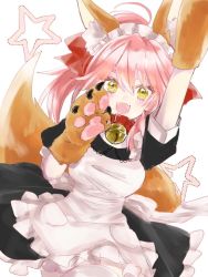 Rule 34 | 1girl, animal ear fluff, animal ears, apron, asa (1asa-0-asa1), bad id, bad pixiv id, bell, black dress, blush, bow, breasts, collar, dress, fangs, fate/extra, fate/grand order, fate (series), fox ears, fox girl, fox tail, frills, hair between eyes, hair bow, jingle bell, large breasts, long hair, looking at viewer, neck bell, open mouth, pink hair, ponytail, puffy short sleeves, puffy sleeves, red bow, short sleeves, sidelocks, smile, solo, tail, tamamo (fate), tamamo cat (fate), tamamo cat (second ascension) (fate), thighhighs, white apron, white thighhighs, yellow eyes