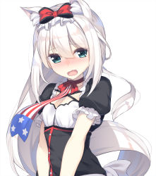 Rule 34 | 1girl, american flag, american flag print, animal ear fluff, animal ears, azur lane, black dress, blush, bow, breasts, cat ears, choker, cleavage, collarbone, commentary request, dress, flag print, green eyes, hair between eyes, hair bow, hammann (azur lane), head tilt, highres, long hair, looking at viewer, nose blush, olive (laai), open mouth, print neckwear, puffy short sleeves, puffy sleeves, red bow, red choker, short sleeves, silver hair, simple background, small breasts, solo, upper body, very long hair, white background