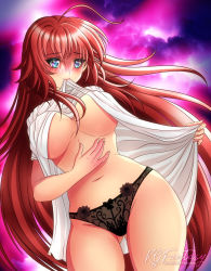 Rule 34 | 1girl, artist name, belly, bikini, bikini bottom only, black panties, blue eyes, blush, breasts, closed mouth, clothes in mouth, clothes lift, commentary, covering privates, covering breasts, curvy, demon wings, deviantart username, eyelashes, hair between eyes, high school dxd, highres, hip focus, holding, kgfantasy, lace, large breasts, light smile, lingerie, lips, long hair, looking at viewer, loose clothes, loose shirt, mature female, no bra, oversized clothes, oversized shirt, panties, parted lips, patreon username, red hair, rias gremory, shirt, short sleeves, shy, signature, smile, solo, standing, swimsuit, thick thighs, thighs, topless, twitter username, underwear, very long hair, watermark, web address, white shirt, wide hips, wings