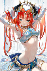 Rule 34 | 1girl, armpits, arms behind head, arms up, blush, breasts, brooch, circlet, crop top, detached sleeves, fake horns, genshin impact, harem outfit, horns, jewelry, long hair, long sleeves, looking at viewer, medium breasts, navel, neck ring, nilou (genshin impact), partially submerged, red hair, scottie (phantom2), skirt, solo, stomach, thighlet, thighs, twintails, veil, water, waterfall, wet