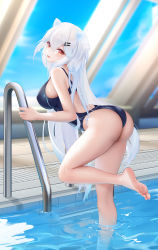 Rule 34 | 1girl, :p, ass, barefoot, breasts, competition swimsuit, feet, highres, light blush, liu liaoliao, long hair, looking at viewer, one-piece swimsuit, pool, red eyes, rei no pool, soles, swimsuit, toes, tongue, tongue out, white hair