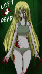 Rule 34 | 1girl, blonde hair, blood, claws, collarbone, copyright name, crop top, hair between eyes, left 4 dead, long hair, looking at viewer, midriff, navel, red eyes, solo, tank top, torn clothes, witch (left4dead)