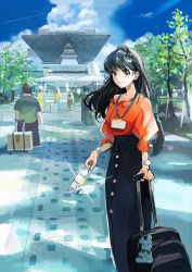 Rule 34 | 1girl, bag charm, bayashiko, black hair, black skirt, blue sky, bottle, braid, brown eyes, charm (object), cloud, commentary request, day, glint, highres, holding, long hair, long skirt, looking at viewer, name tag, orange shirt, original, outdoors, path, puffy short sleeves, puffy sleeves, road, rolling suitcase, shirt, short sleeves, skirt, sky, smile, solo, standing, suitcase, tokyo big sight, tree, watch, water bottle, wristwatch