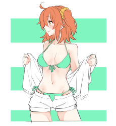Rule 34 | 1girl, ahoge, alternate costume, bikini, blush, breasts, cleavage, collarbone, cowboy shot, cropped legs, fate/grand order, fate (series), fujimaru ritsuka (female), green bikini, groin, hair between eyes, halterneck, looking to the side, medium breasts, open clothes, open shorts, orange eyes, orange hair, orange scrunchie, scrunchie, shino-o, short hair, short shorts, shorts, side-tie bikini bottom, side ponytail, smile, solo, standing, striped, striped background, swimsuit, undressing, white shorts