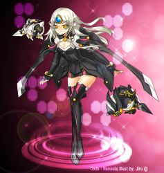 Rule 34 | 1girl, armor, armored dress, black dress, black footwear, boots, breasts, character name, cleavage, cleavage cutout, clothing cutout, code: nemesis (elsword), dress, elsword, eve (elsword), floating hair, full body, headpiece, jia redian ruzi ruzi, leaning forward, long hair, long sleeves, medium breasts, parted lips, raven cronwell, short dress, silver hair, solo, sparkle, standing, thigh boots, thighhighs, yellow eyes, zettai ryouiki