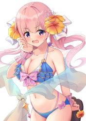 Rule 34 | 1girl, bare shoulders, bikini, blue bikini, blush, breasts, cleavage, collarbone, flower, hair between eyes, hair flower, hair ornament, highres, long hair, looking at viewer, navel, open mouth, pink hair, princess connect!, purple eyes, solo, swimsuit, syurimp, tsumugi (princess connect!), tsumugi (summer) (princess connect!), twintails