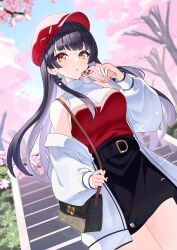Rule 34 | 1girl, :o, alternate costume, alternate hairstyle, belt buckle, black hair, black skirt, blush, buckle, casual, cellphone, cherry blossoms, commentary request, dutch angle, earrings, hat, heart, heart earrings, highres, holding, holding phone, idolmaster, idolmaster shiny colors, jacket, jewelry, long hair, looking at viewer, mayuzumi fuyuko, outdoors, peaked cap, phone, red hat, shirt, shirt tucked in, skirt, sleeveless, sleeveless shirt, solo, stairs, sutoroa, two-tone shirt, very long hair, white jacket