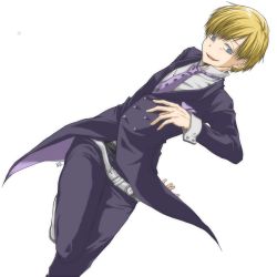 Rule 34 | 10s, 1boy, artist name, belt, blonde hair, blue eyes, boku no hero academia, formal, highres, male focus, monoma neito, necktie, open mouth, simple background, solo, white background