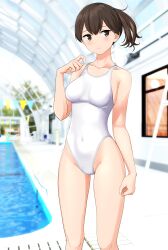 Rule 34 | 1girl, absurdres, blurry, blurry background, breasts, brown eyes, brown hair, commentary request, competition swimsuit, covered navel, cowboy shot, feet out of frame, highres, indoors, kaga (kancolle), kantai collection, looking at viewer, medium breasts, medium hair, multicolored clothes, one-piece swimsuit, pool, side ponytail, solo, standing, string of flags, swimsuit, takafumi, variant set, white one-piece swimsuit, window