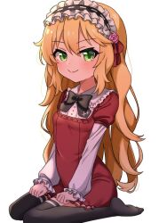 Rule 34 | 1girl, alternate hair length, alternate hairstyle, black bow, black bowtie, black thighhighs, blonde hair, blush, bow, bowtie, commentary request, dot nose, dress, flat chest, flower, frilled hairband, frilled sleeves, frills, green eyes, hair between eyes, hairband, hands on own thighs, idolmaster, idolmaster cinderella girls, long hair, long sleeves, looking at viewer, no shoes, on floor, pink flower, pink rose, red dress, red ribbon, ribbon, rose, sakurai momoka, sidelocks, sinjin 46, sitting, smile, solo, thighhighs, thighs, wariza, wavy hair, white background, white sleeves