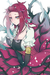 Rule 34 | 1girl, absurdres, black rose dragon, dress, duel monster, elbow gloves, gloves, gradient eyes, hair ornament, highres, izayoi aki, jewelry, looking at viewer, multicolored eyes, necklace, pendant, plant, red hair, scales, smile, tasutekete, upper body, vines, white background, yu-gi-oh!, yu-gi-oh! 5d&#039;s