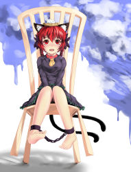Rule 34 | 1girl, 463 jun, animal ears, ankle cuffs, barefoot, bdsm, bird nest, bondage, bound, bow, braid, cat ears, cat girl, cat tail, chain, chained, chain, chair, collar, dress, egg, feet, female focus, full body, hair bow, highres, kaenbyou rin, long hair, long sleeves, multiple tails, nest, object on head, open mouth, purple dress, purple skirt, red eyes, red hair, short hair, sitting, skirt, slave, smile, soles, solo, tail, toes, touhou, twin braids, v arms, aged down