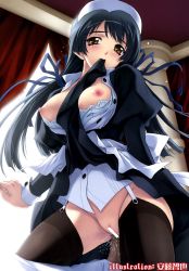 Rule 34 | 1girl, andou tomoya, artist name, black hair, blush, breasts, breasts out, brown eyes, censored, garter belt, garter straps, hair ribbon, highres, long hair, maid, mouth hold, nipples, open clothes, open shirt, original, penis, pussy, pussy juice, ribbon, scan, sex, shirt, solo focus, thighhighs, vaginal