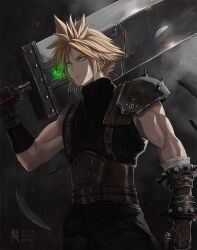 Rule 34 | 1boy, adam ryu ford, armor, artist name, blonde hair, blue eyes, buster sword, closed mouth, cloud strife, commentary, earrings, final fantasy, final fantasy vii, final fantasy vii rebirth, final fantasy vii remake, gloves, holding, holding sword, holding weapon, huge weapon, jewelry, male focus, materia, over shoulder, short hair, shoulder armor, single bare shoulder, sleeveless, sleeveless turtleneck, solo, spiked hair, stud earrings, suspenders, sweater, sword, toned, toned male, turtleneck, turtleneck sweater, weapon