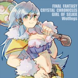 Rule 34 | 1girl, bad id, bad pixiv id, blue background, blue hair, blush, breasts, bright pupils, character name, closed mouth, copyright name, eyebrows, eyes visible through hair, facing away, final fantasy, final fantasy crystal chronicles, fur collar, fur trim, green eyes, green pupils, groin, hair between eyes, hair ornament, holding, long hair, lowres, medium breasts, midriff, navel, racket, selkie, simple background, smile, solo, stomach, sunagimo (nagimo), text focus, wolfie selkie (female)