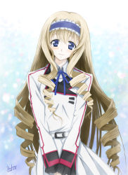 Rule 34 | 10s, 1girl, 2013, artist name, belt, blonde hair, blue background, blue eyes, blush, cecilia alcott, dated, drill hair, frills, hairband, highres, infinite stratos, kem kem, long hair, long sleeves, looking at viewer, neck ribbon, open mouth, ribbon, school uniform, signature, smile, solo, v arms, very long hair