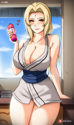 Rule 34 | 1girl, absurdres, bare shoulders, blonde hair, blush, book, bottomless, breasts, brown eyes, cleavage, closed mouth, collarbone, cowboy shot, desk, facial mark, forehead mark, hair intakes, highres, holding, holding scroll, japanese clothes, large breasts, lips, mystyhw, nail polish, naruto, naruto (series), obi, sash, scroll, shirt, solo, thighs, tsunade (naruto), white shirt, window
