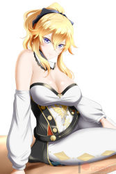 Rule 34 | 1girl, bare shoulders, blonde hair, blue bow, blue eyes, bow, breasts, cleavage, commentary, detached collar, detached sleeves, genshin impact, hair between eyes, hair bow, highres, jean (genshin impact), kimmy77, large breasts, leggings, long hair, long sleeves, looking at viewer, pants, sidelocks, simple background, sitting, solo, strapless, thighs, tube top, white background, white pants