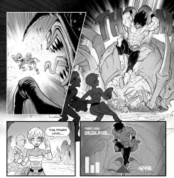 Rule 34 | 1girl, 2boys, attack, broly (dragon ball super), cheelai, commentary, dragon ball, dragon ball super, dragon ball super broly, emphasis lines, english commentary, english text, greyscale, hat, highres, holding, holding weapon, left-to-right manga, lemo (dragon ball), long hair, mcnostril, monochrome, monster, multiple boys, muscular, muscular male, scouter, short hair, speed lines, topless male, user interface, weapon